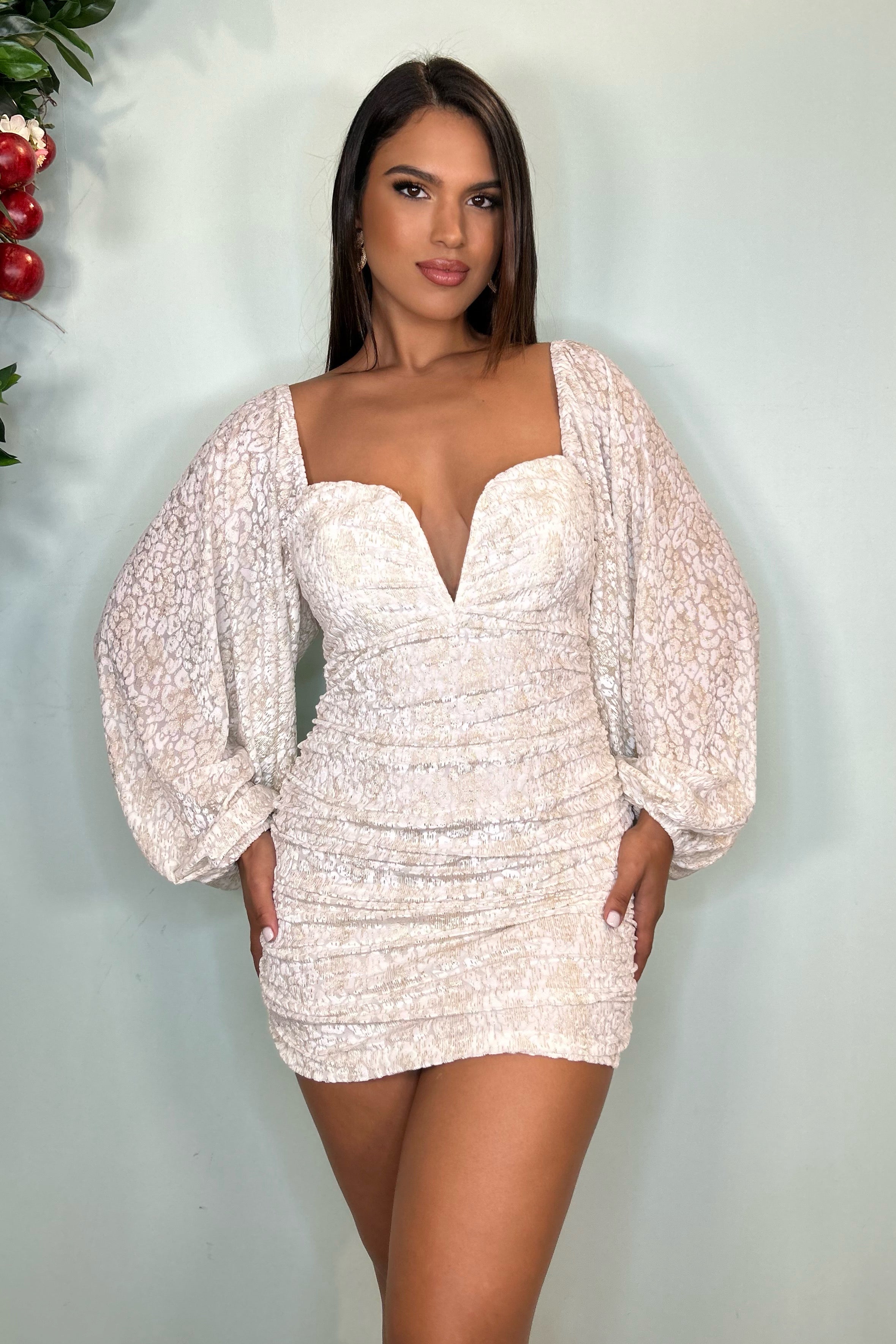 LEOPARD FULL SLEEVE DRESS - IVORY