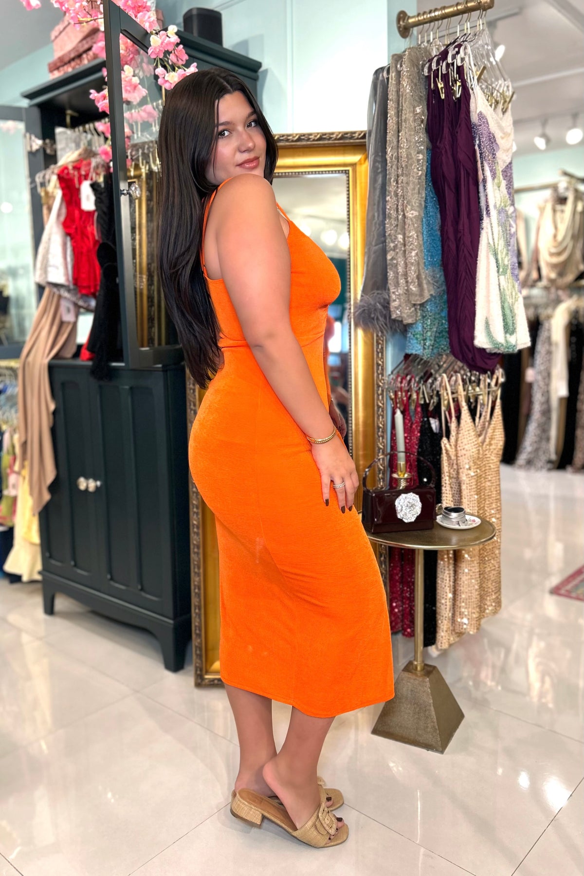 ARISSIA RUCHED ZIG ZAG MIDI DRESS