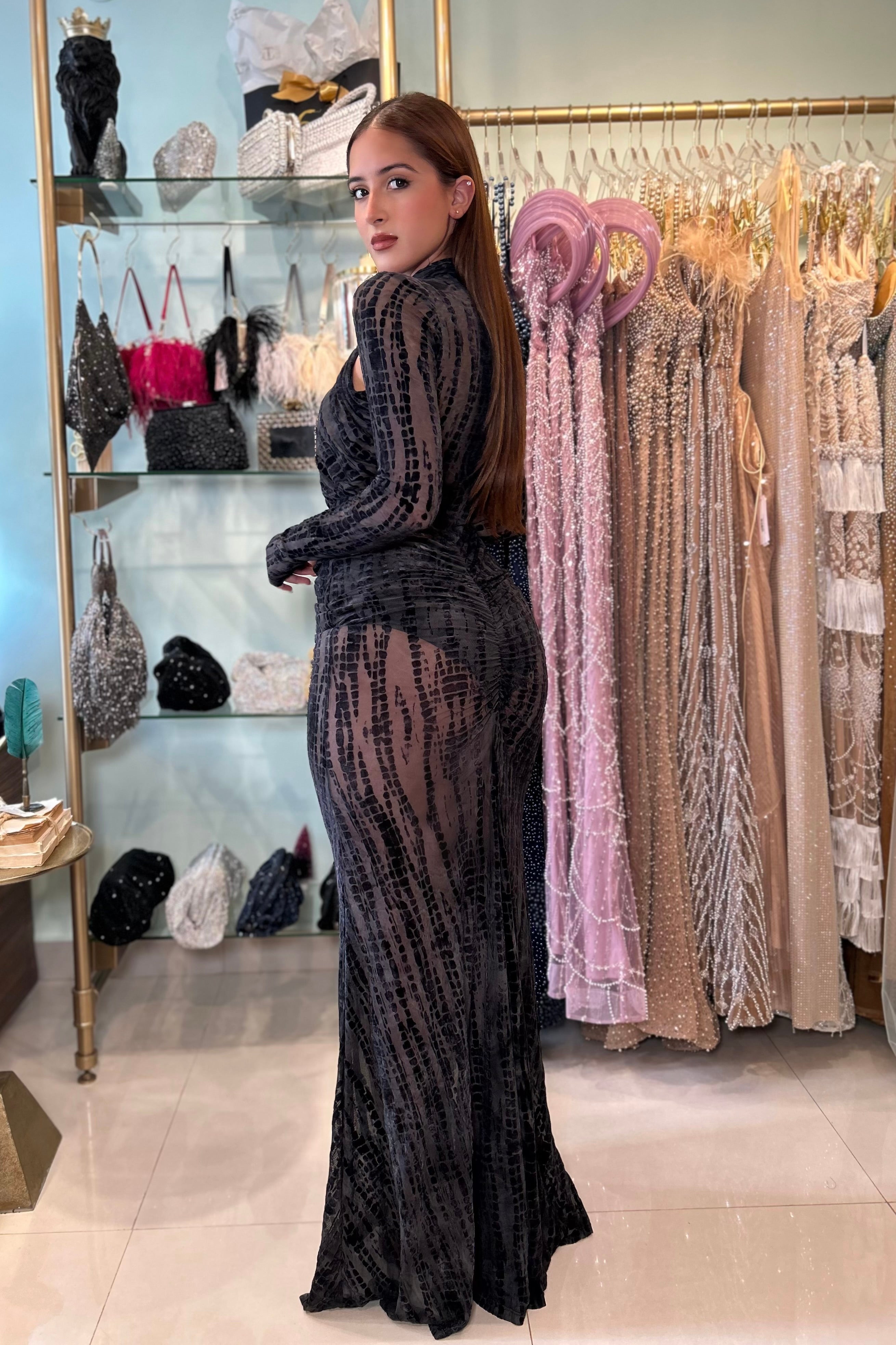 ZENIX VELVET MESH MAXI DRESS