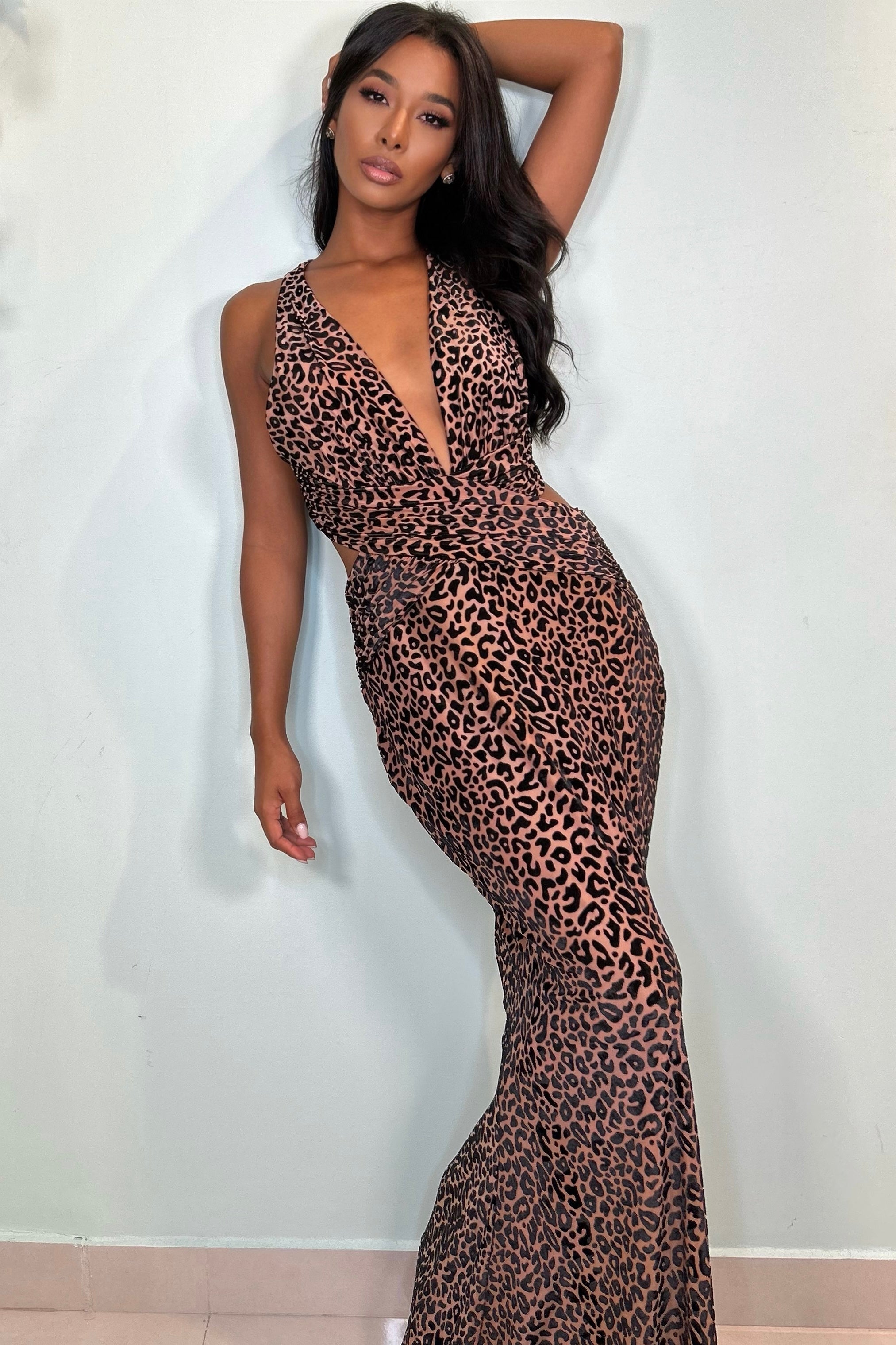 VELVET LEOPARD CROSS GOWN - BLACK