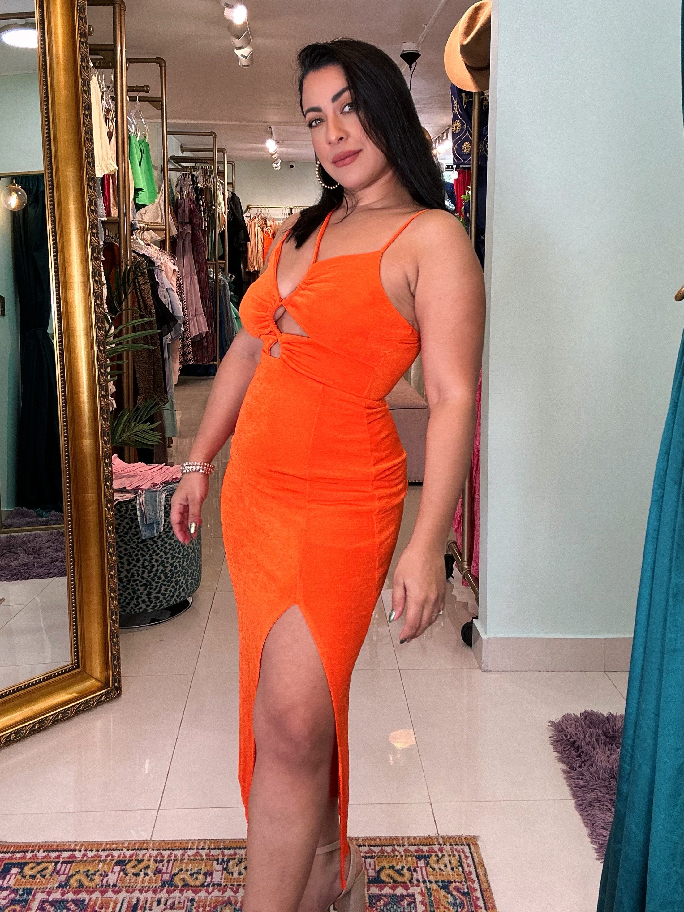 ARISSIA RUCHED ZIG ZAG MIDI DRESS