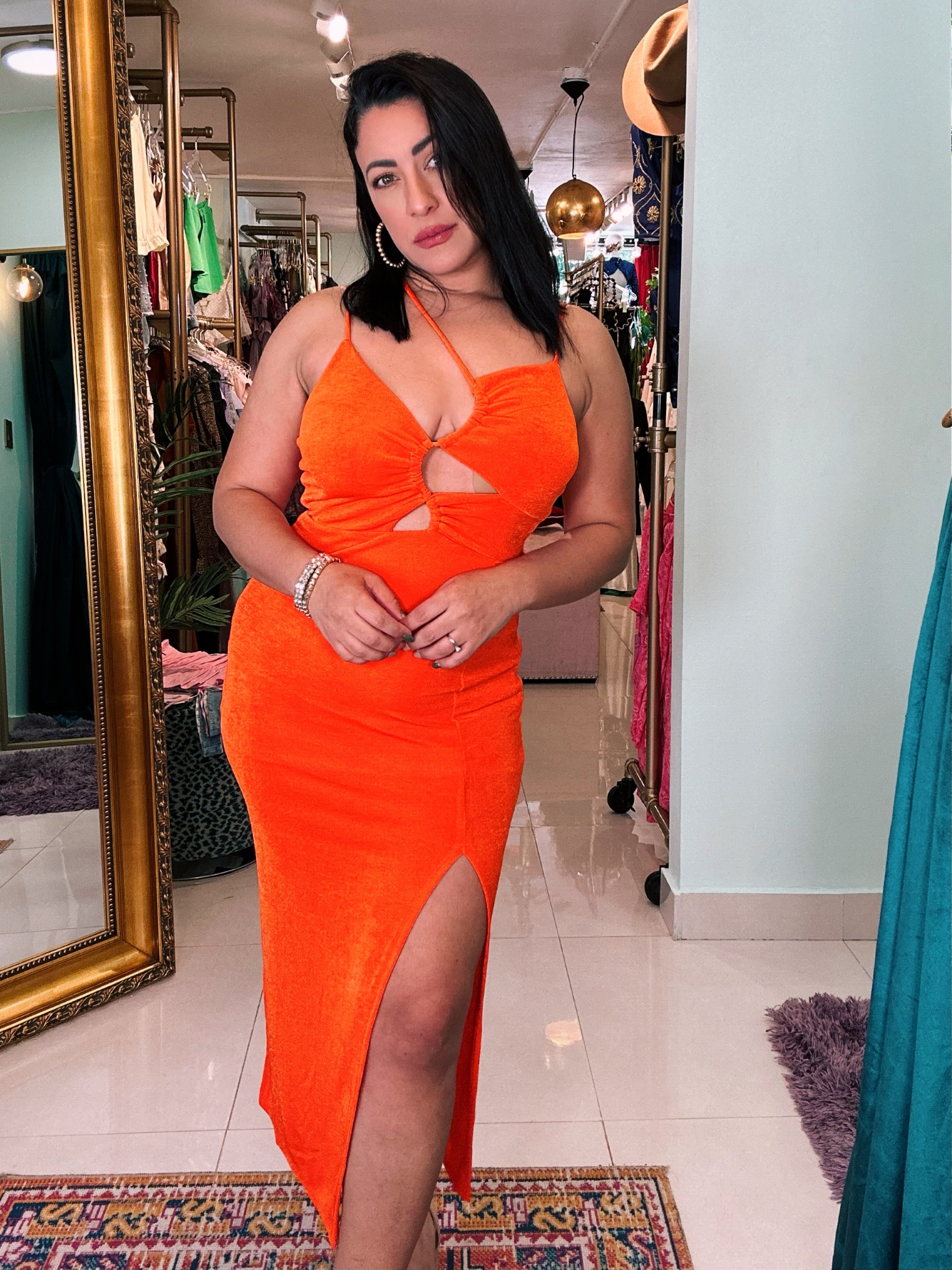 ARISSIA RUCHED ZIG ZAG MIDI DRESS