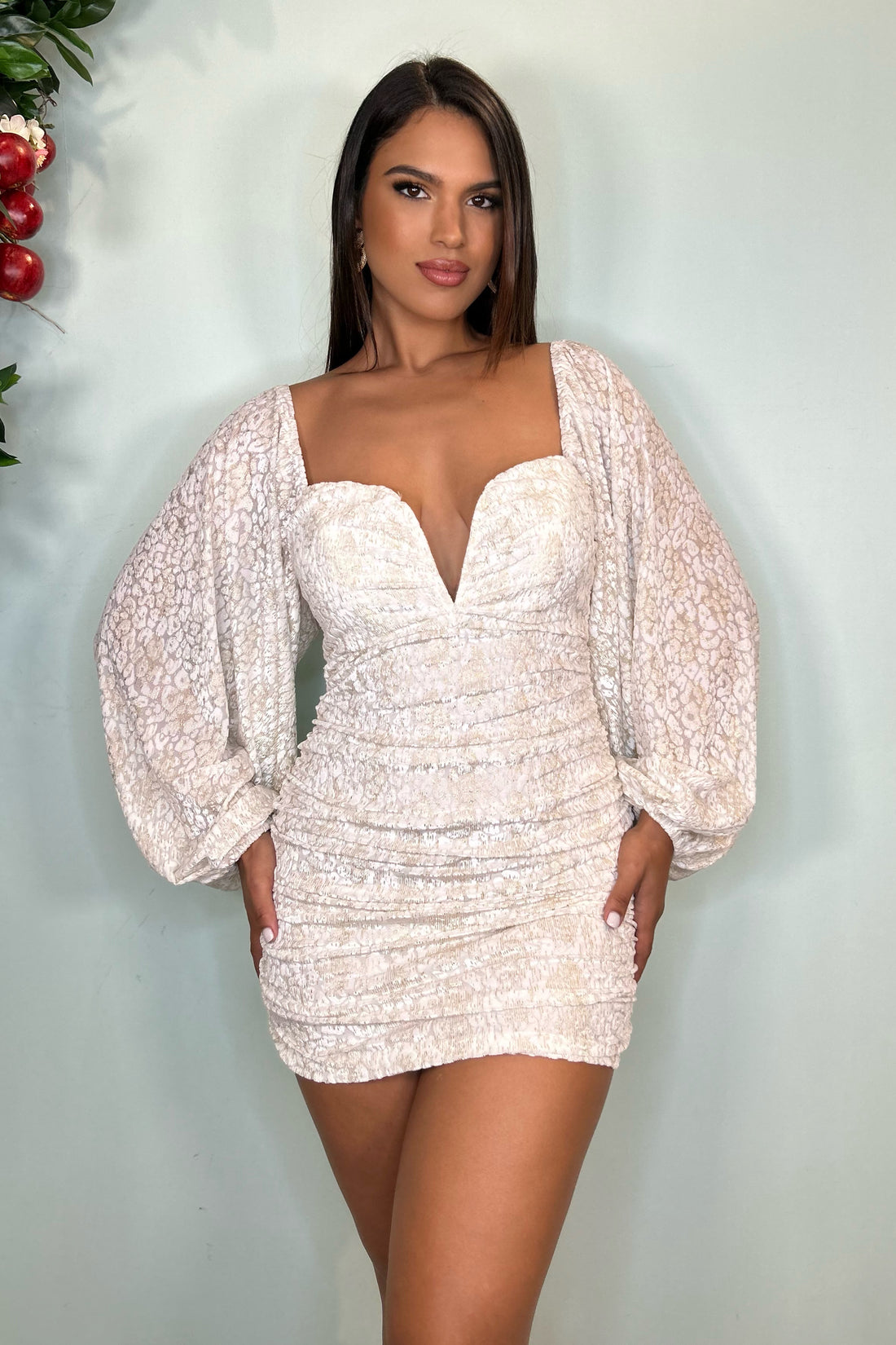 LEOPARD FULL SLEEVE DRESS - IVORY