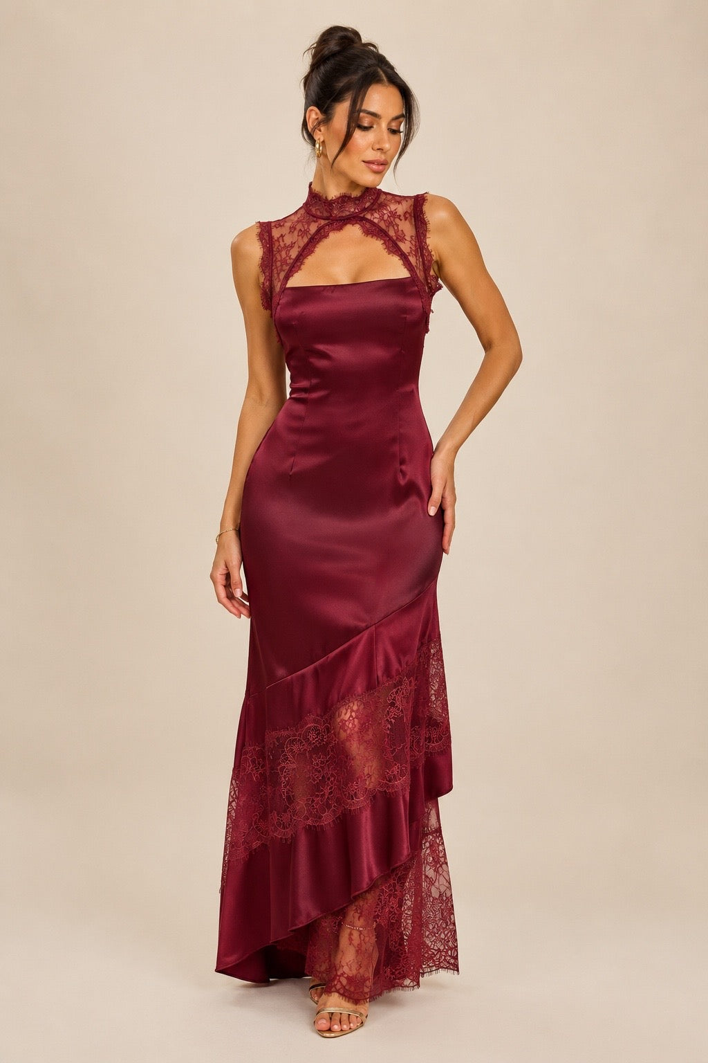 KASSIA SATIN LACE CUTOUT DRESS