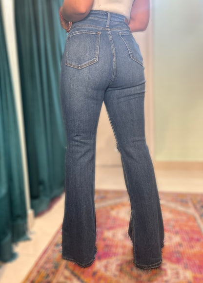 HIGH RISE SKINNY FLARE - DARK DENIM