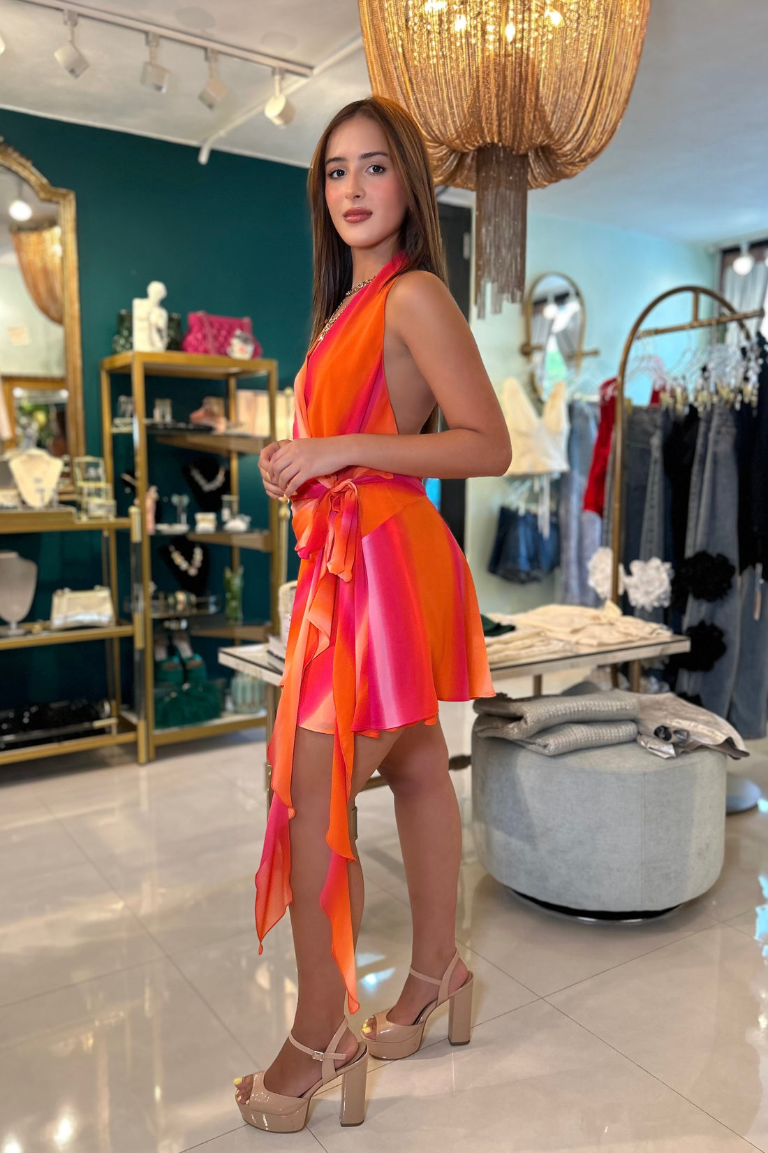 CORAL HALTER MINI DRESS