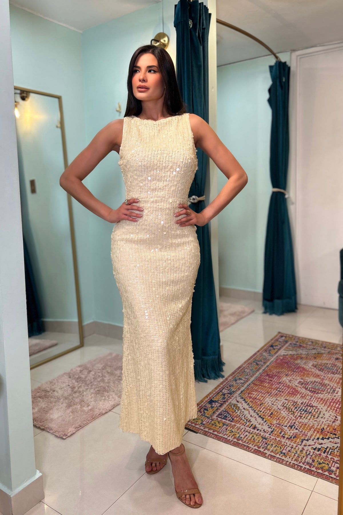 AUREN BUTTER PENCIL SEQUIN DRESS