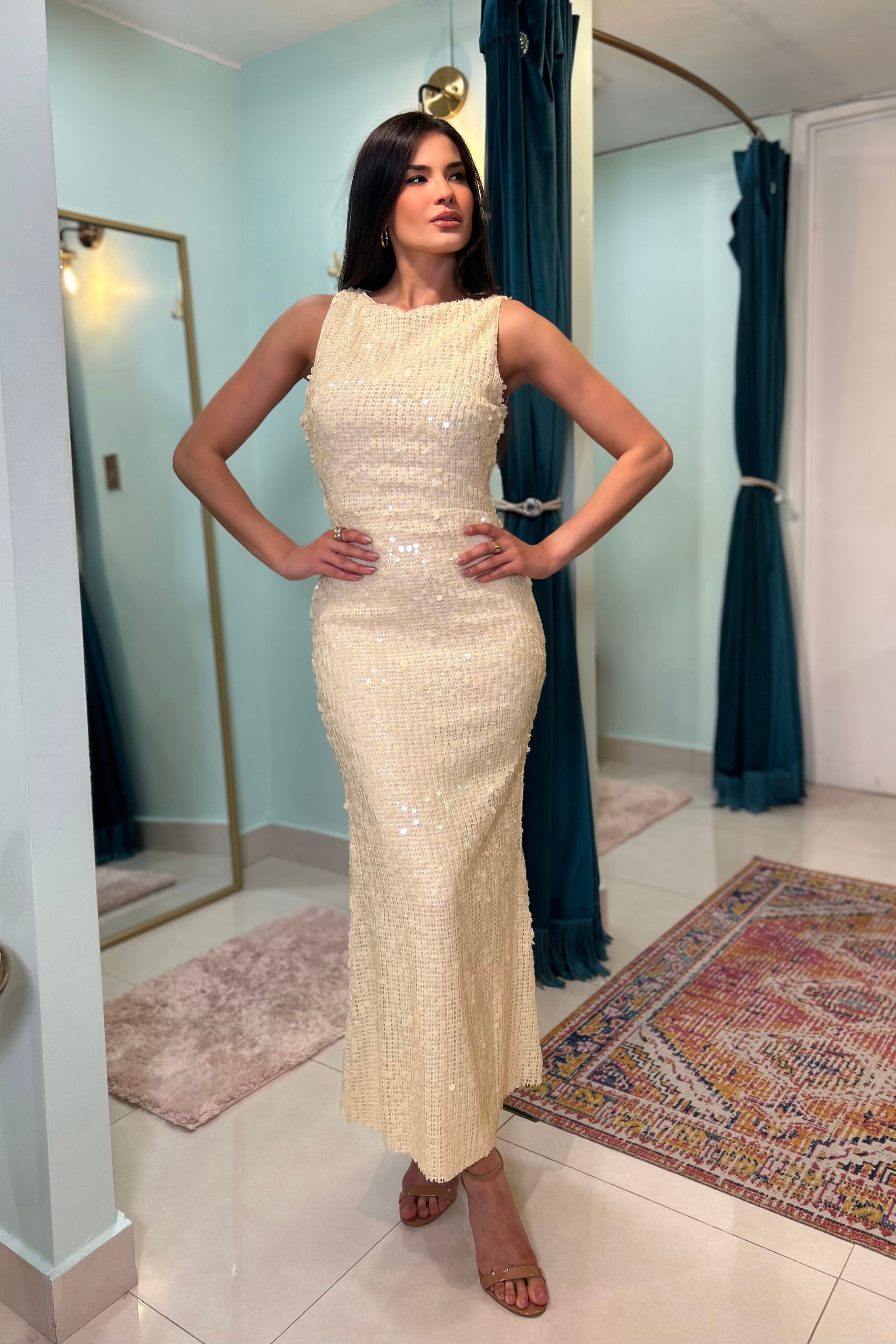 AUREN BUTTER PENCIL SEQUIN DRESS