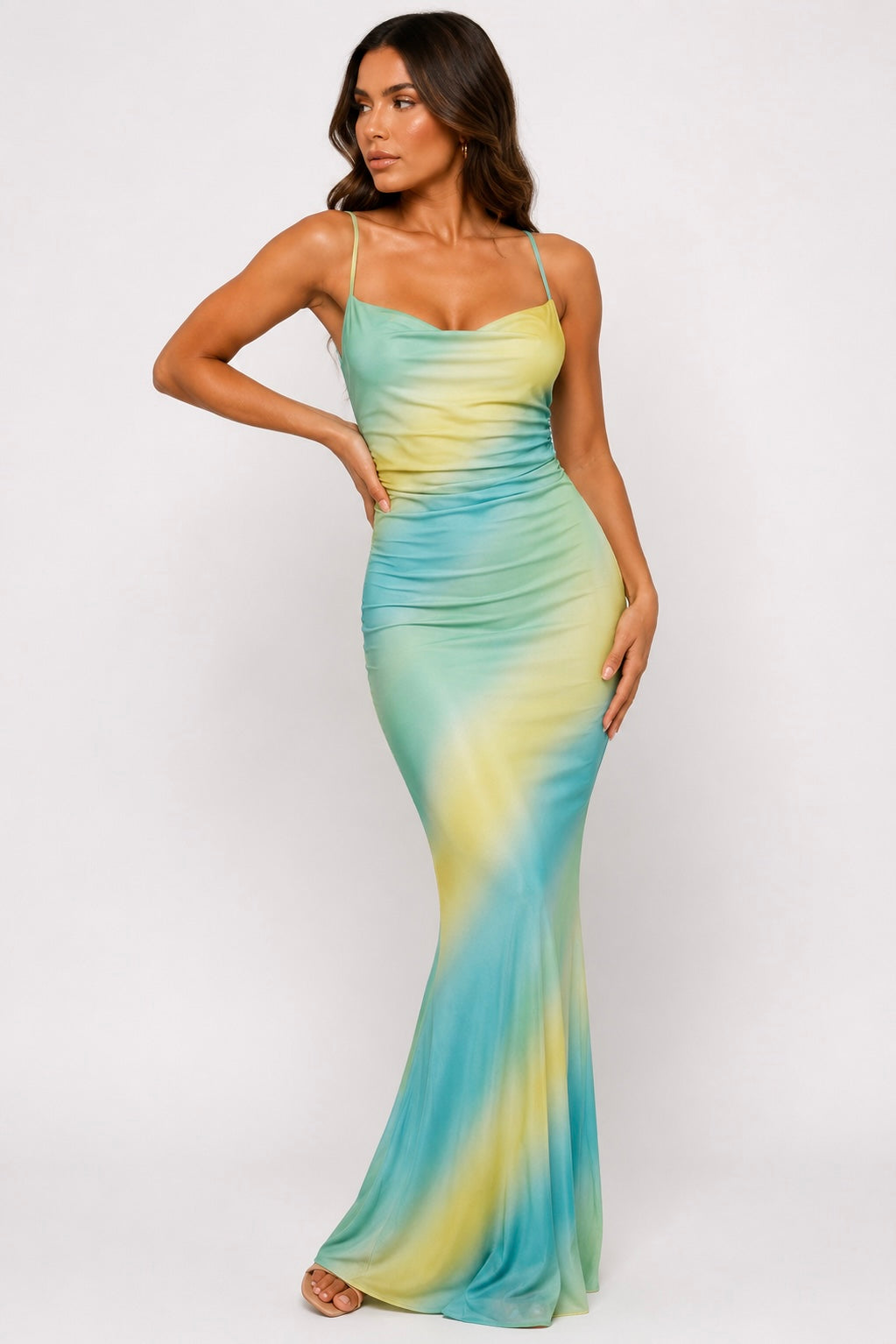 KACIE AQUA-YELLOW MAXI DRESS