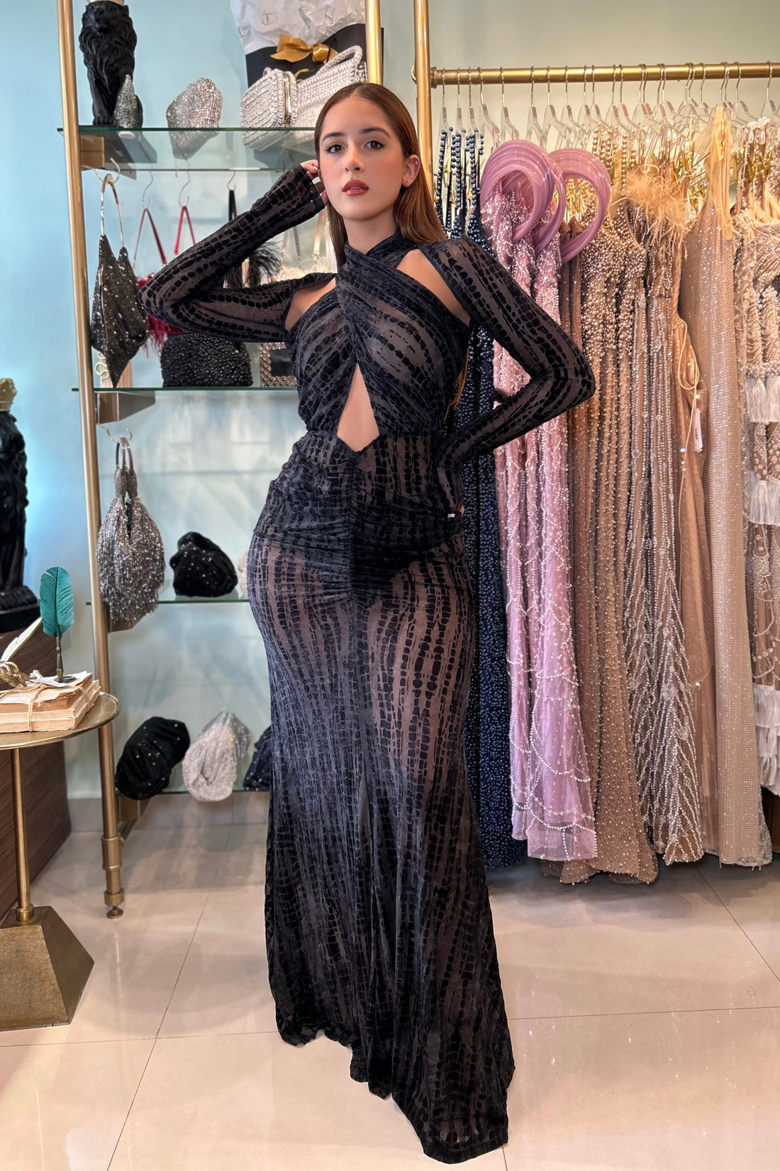 ZENIX VELVET MESH MAXI DRESS