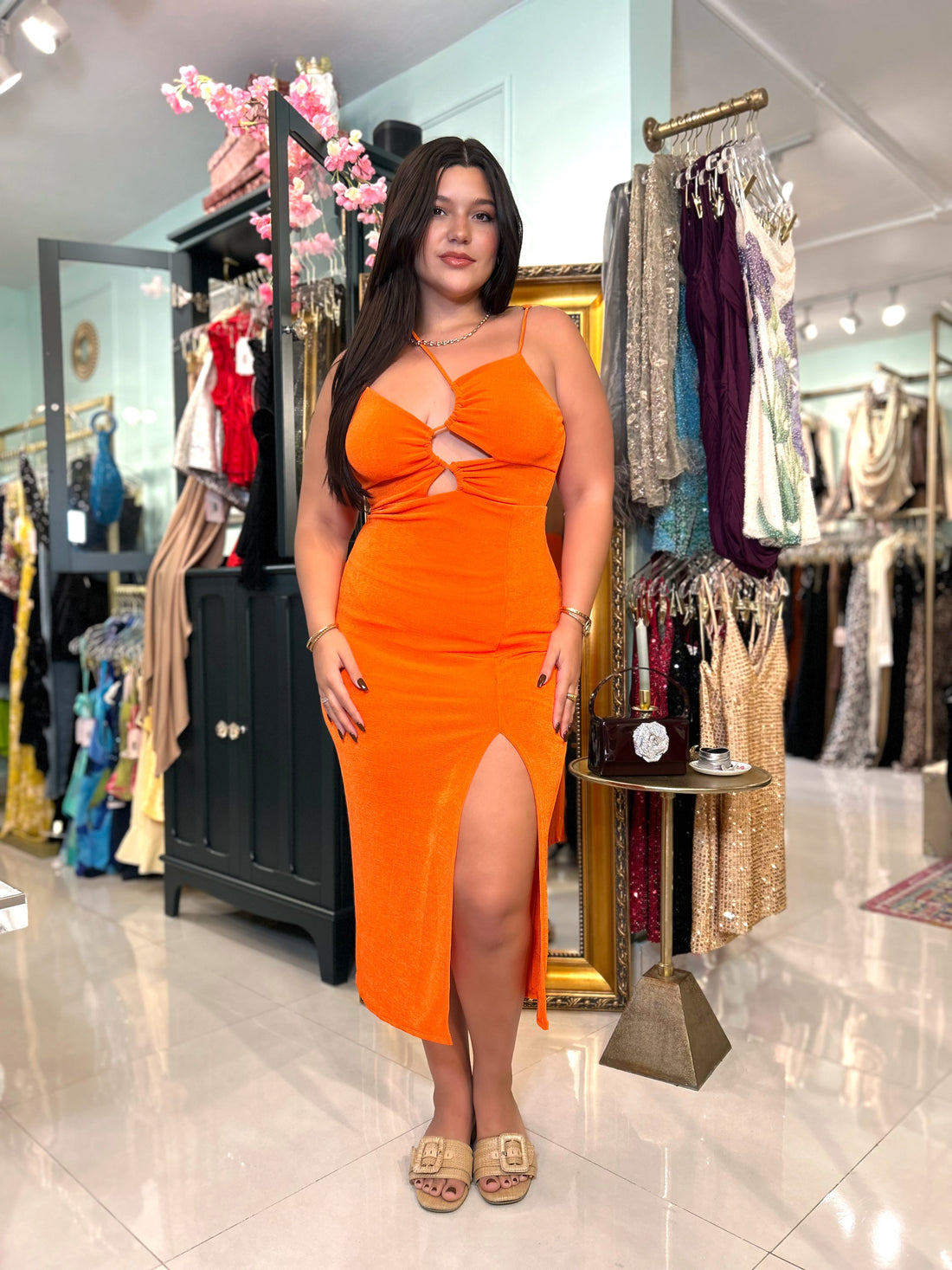 ARISSIA RUCHED ZIG ZAG MIDI DRESS