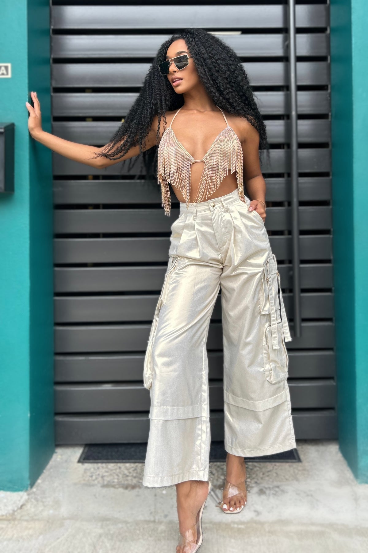 KAROL SHINY GOLD CARGO PANTS