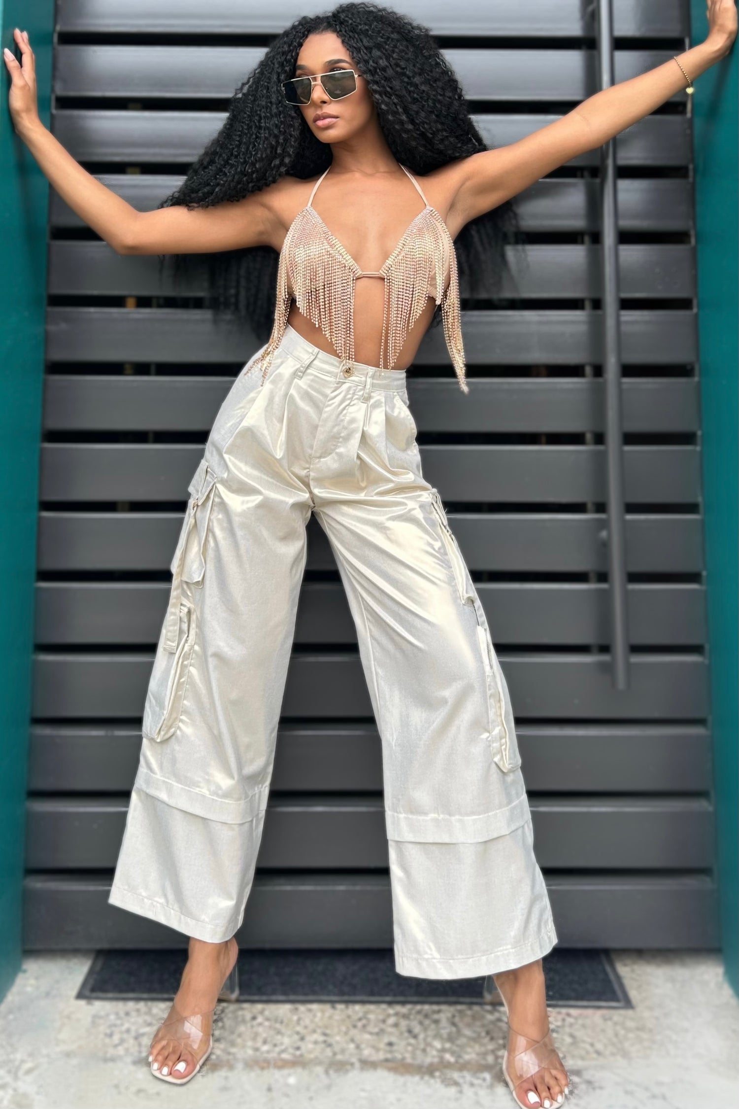 KAROL SHINY GOLD CARGO PANTS