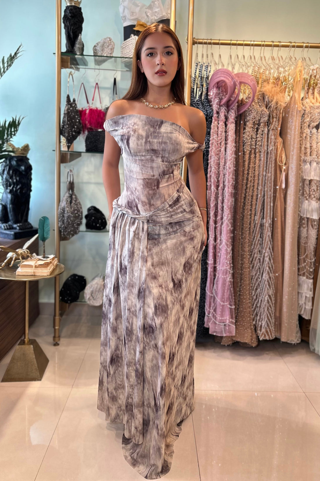 ELIX MESH DRAPE MAXI DRESS