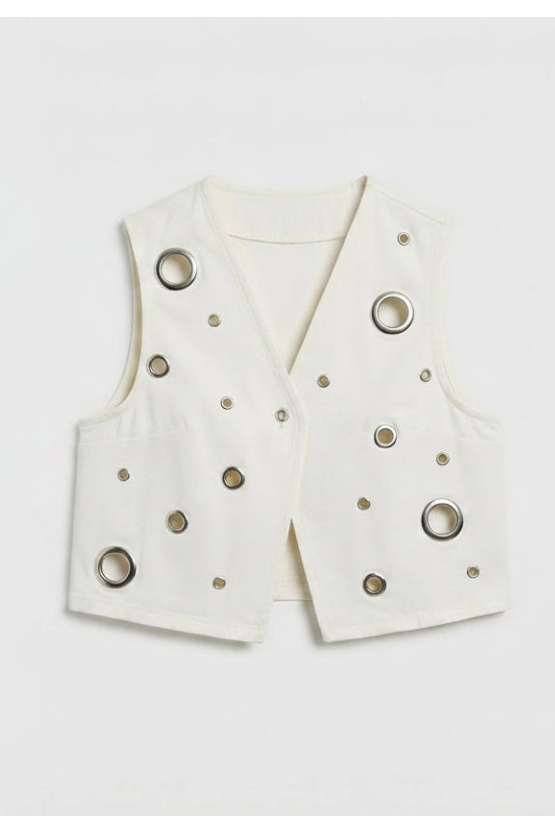 MEREDI METAL RING DETAIL WHITE DENIM VEST