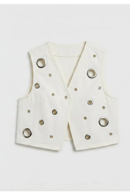 MEREDI METAL RING DETAIL WHITE DENIM VEST